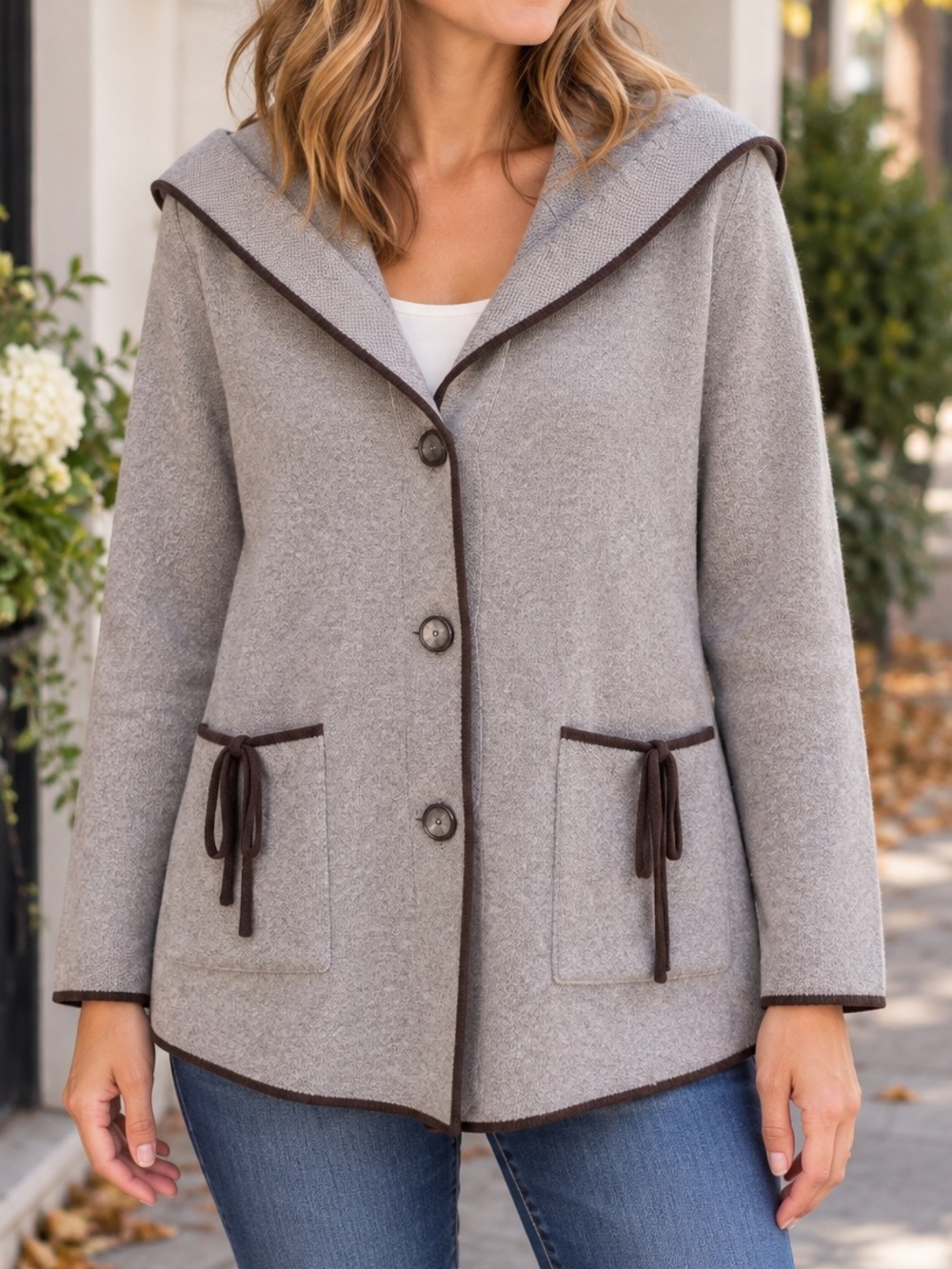 Frilli Exchange Hooded Knit Cardigan Jacket M Grey Brown Lace Up Cottagecore